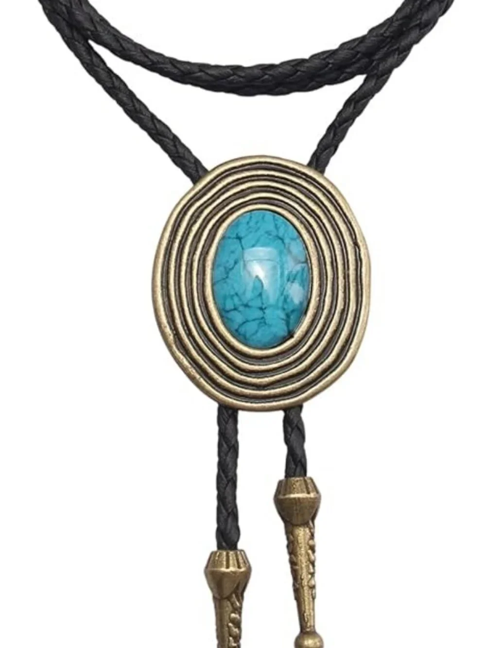 Necklace Bolo Tie Rodeo Cowboy Leather Necktie Western Wear Gold w Turquoise
